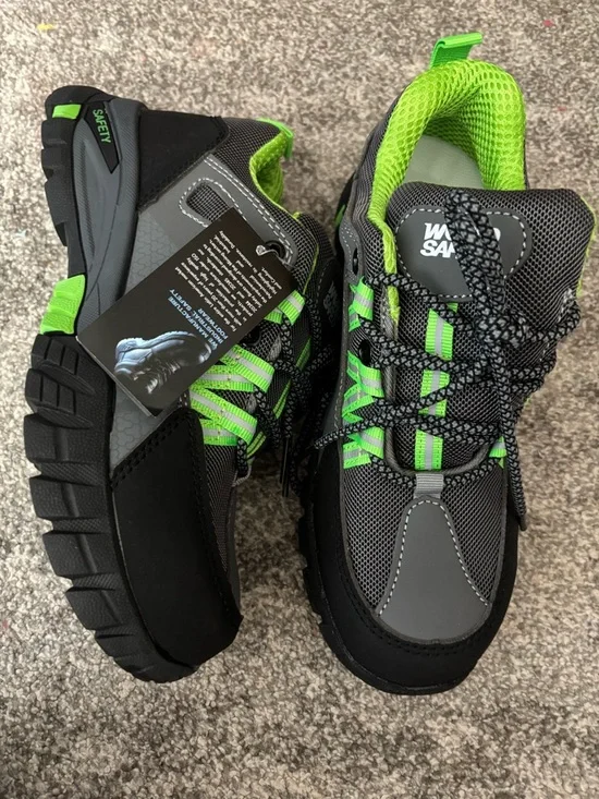 Boy Safety Sneakers Size 5.5’Black Gray Neon Green Lace Up Rugged Athletic Shoes - Picture 10 of 11
